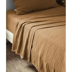 Drap plat "Gaïa" toutes dimensions "Gaze de Coton" - Gaïa Camel - 240 x 300 cm pour lit 2 places>L'Effet Papillon Discount