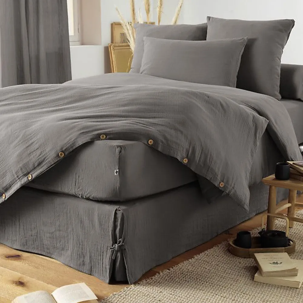 Drap plat "Gaïa" toutes dimensions "Gaze de Coton" - Gaïa Granit - 240 x 300 cm pour lit 2 places>L'Effet Papillon Discount