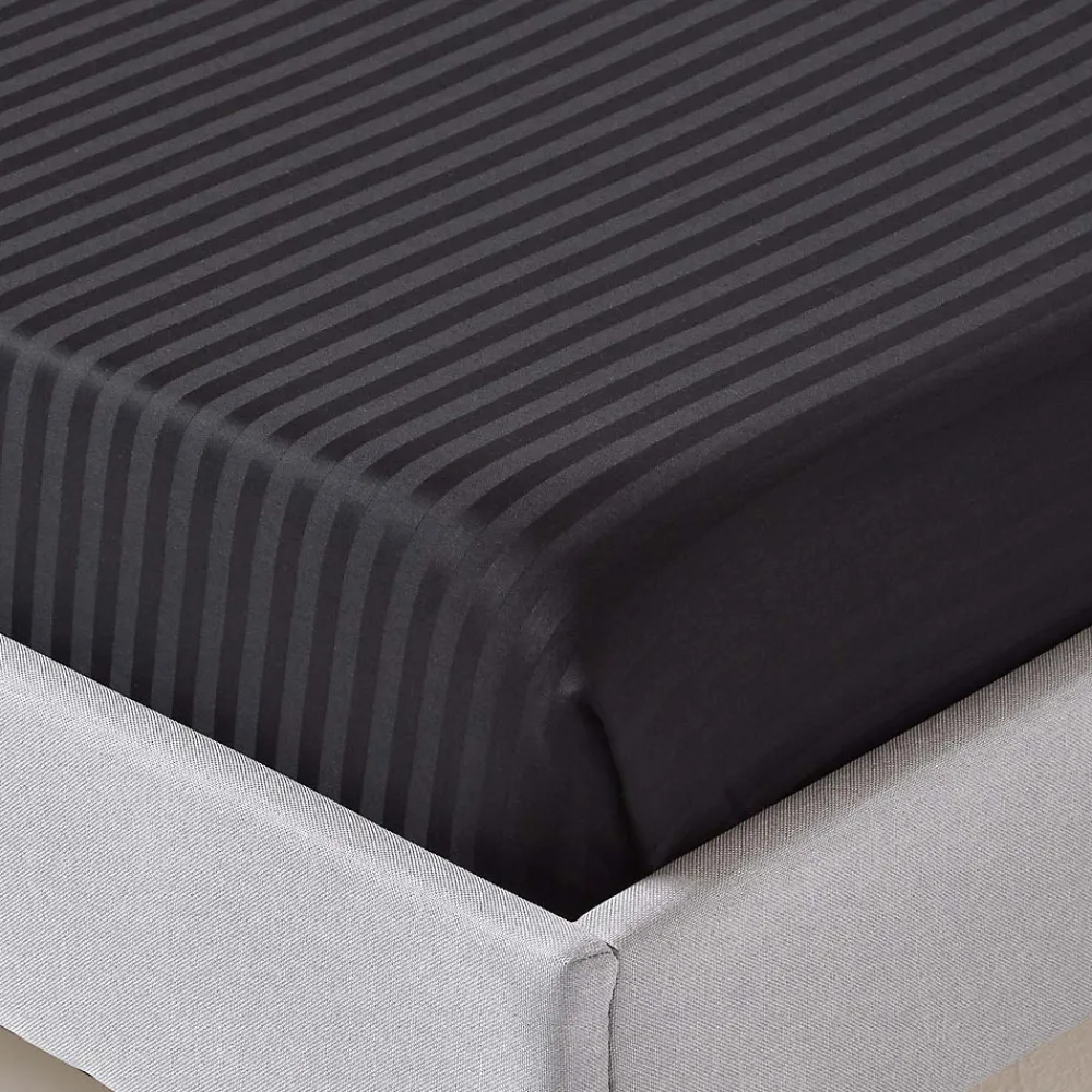 Drap plat satin rayé en coton égyptien 330 fils noir, 230x255 cm ->Homescapes