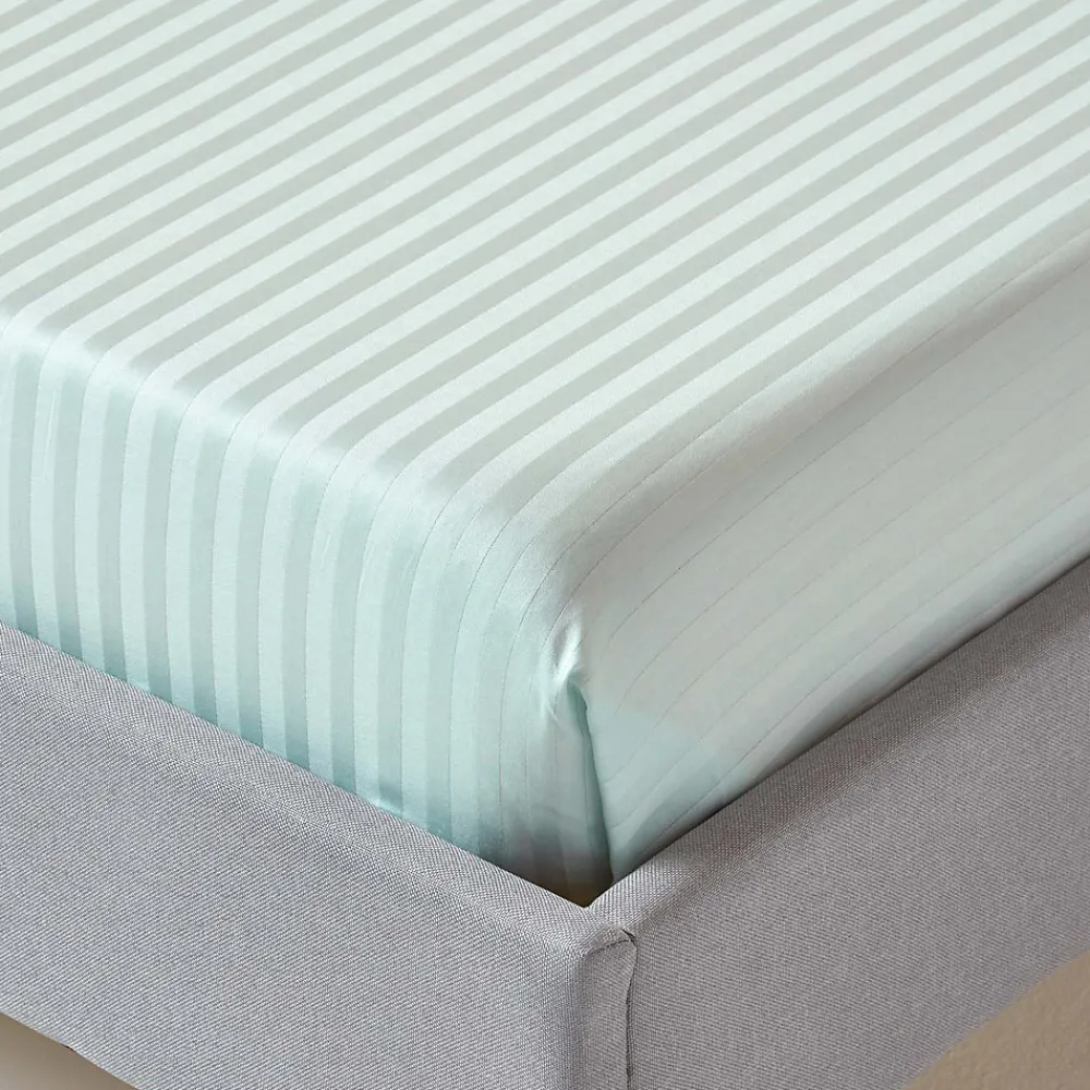 Drap plat satin rayé en coton égyptien 330 fils bleu, 180x290 cm ->Homescapes Hot