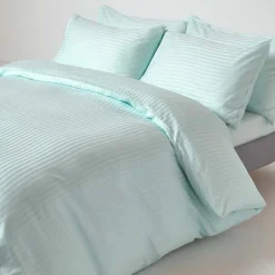 Drap plat satin rayé en coton égyptien 330 fils bleu, 270x300 cm -><noscript><img width=