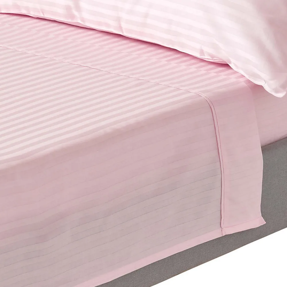 Drap plat satin rayé en coton égyptien 330 fils rose, 180x290 cm ->Homescapes