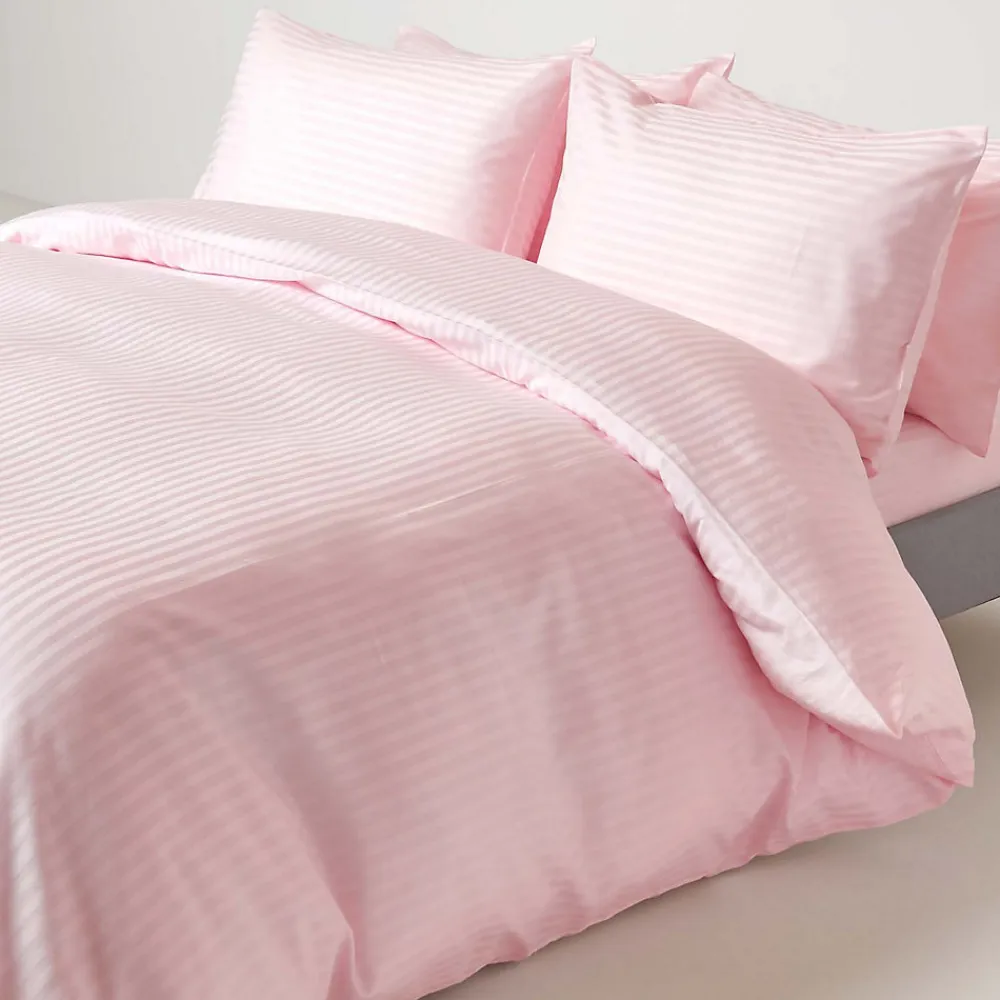Drap plat satin rayé en coton égyptien 330 fils rose, 180x290 cm ->Homescapes