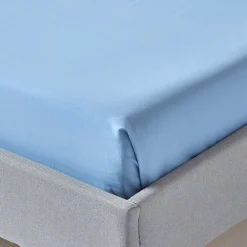 Drap plat uni 100 % coton égyptien 200 fils bleu, 178x255 cm -><noscript><img width=