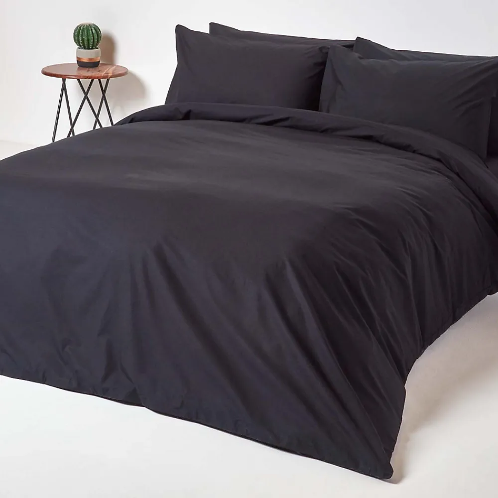 Drap plat uni 100 % coton égyptien 200 fils noir, 180x290 cm ->Homescapes