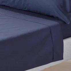 Drap plat uni 100 % coton égyptien 200 fils bleu marine, 180x290 cm ->Homescapes Discount
