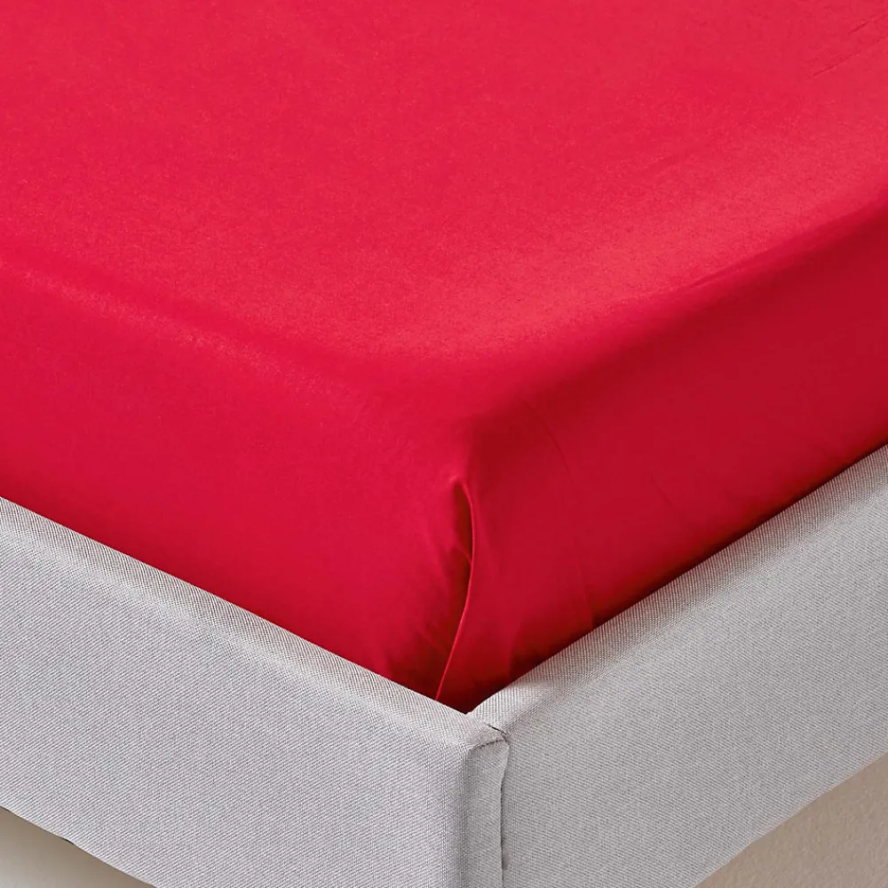 Drap plat uni 100 % coton égyptien 200 fils rouge, 180x290 cm ->Homescapes Discount