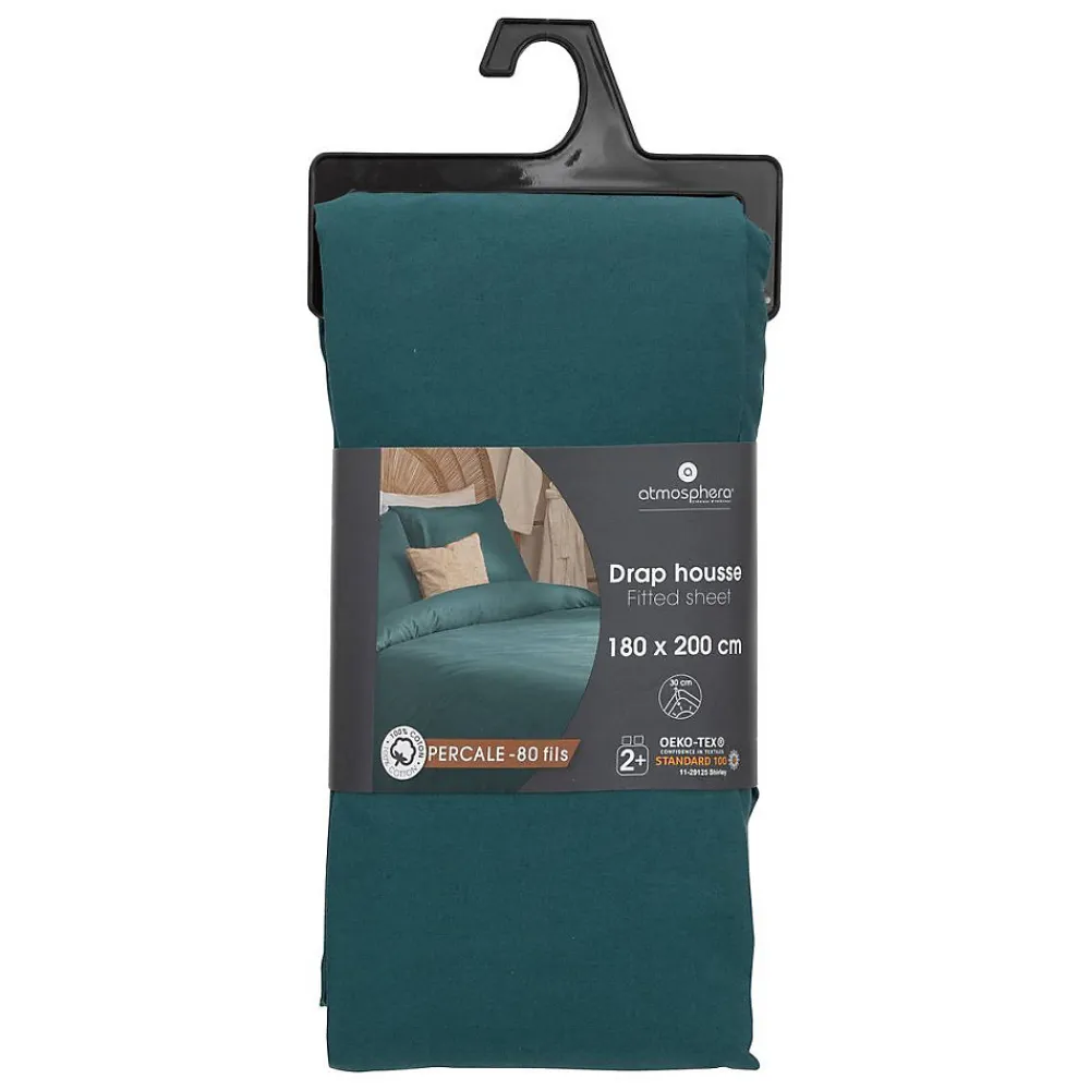 Drap-housse - percale - bleu - 180x200 cm - Atmosphera>Atmosphera Créateur D'Intérieur Discount