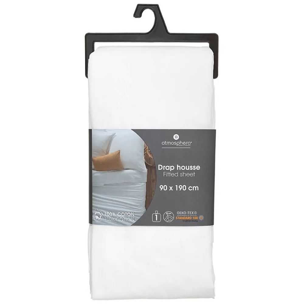 Drap-housse en coton - blanc - bonnet H30cm - 90x190 cm - Atmosphera>Atmosphera Créateur D'Intérieur