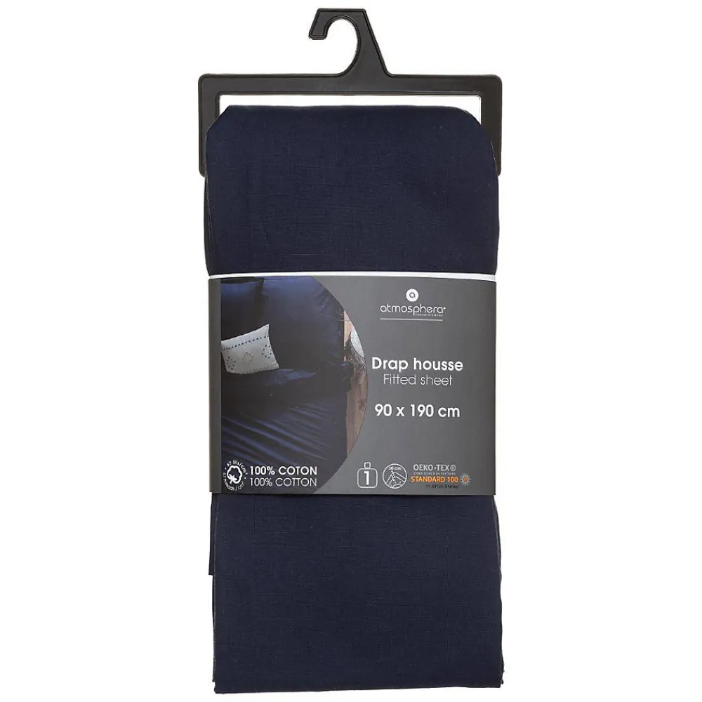 Drap-housse en coton - bleu encre - bonnet H30cm - 90x190 cm - Atmosphera>Atmosphera Créateur D'Intérieur Sale