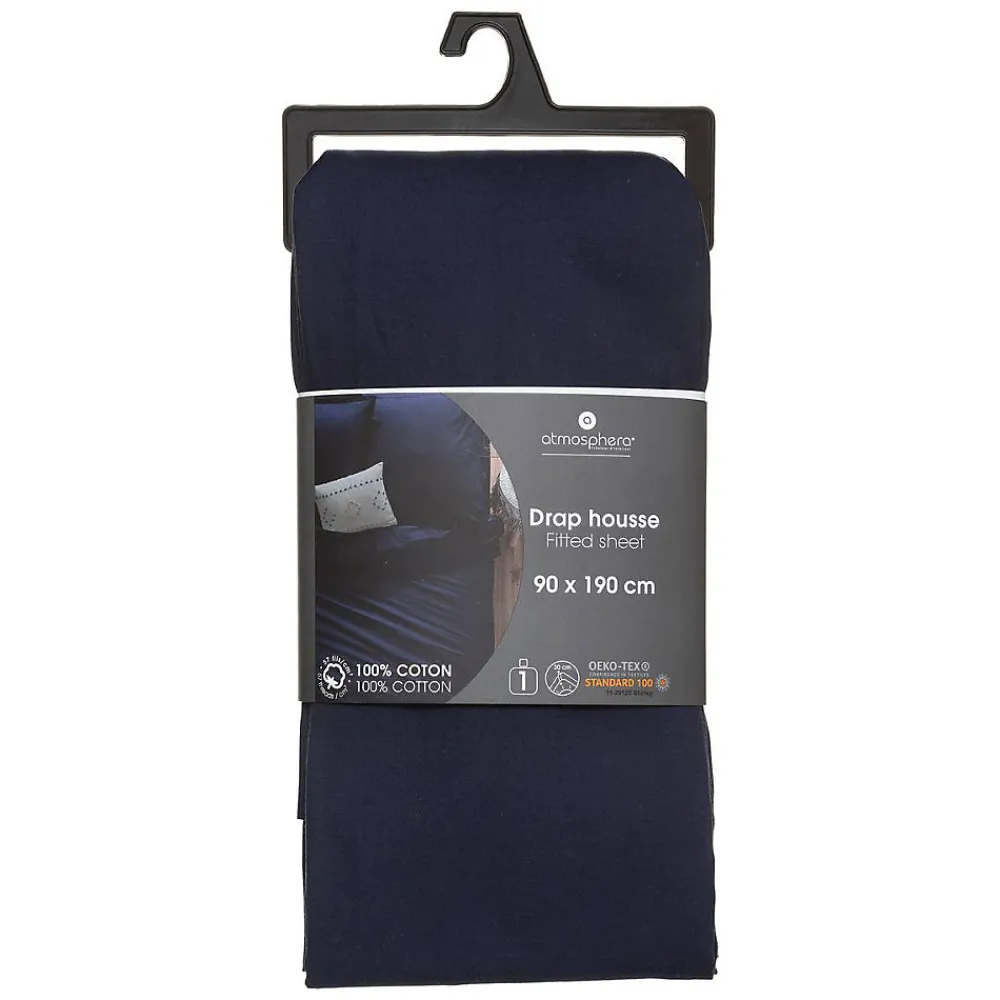 Drap-housse en coton - bleu encre - bonnet H30cm - 90x190 cm - Atmosphera>Atmosphera Créateur D'Intérieur Sale