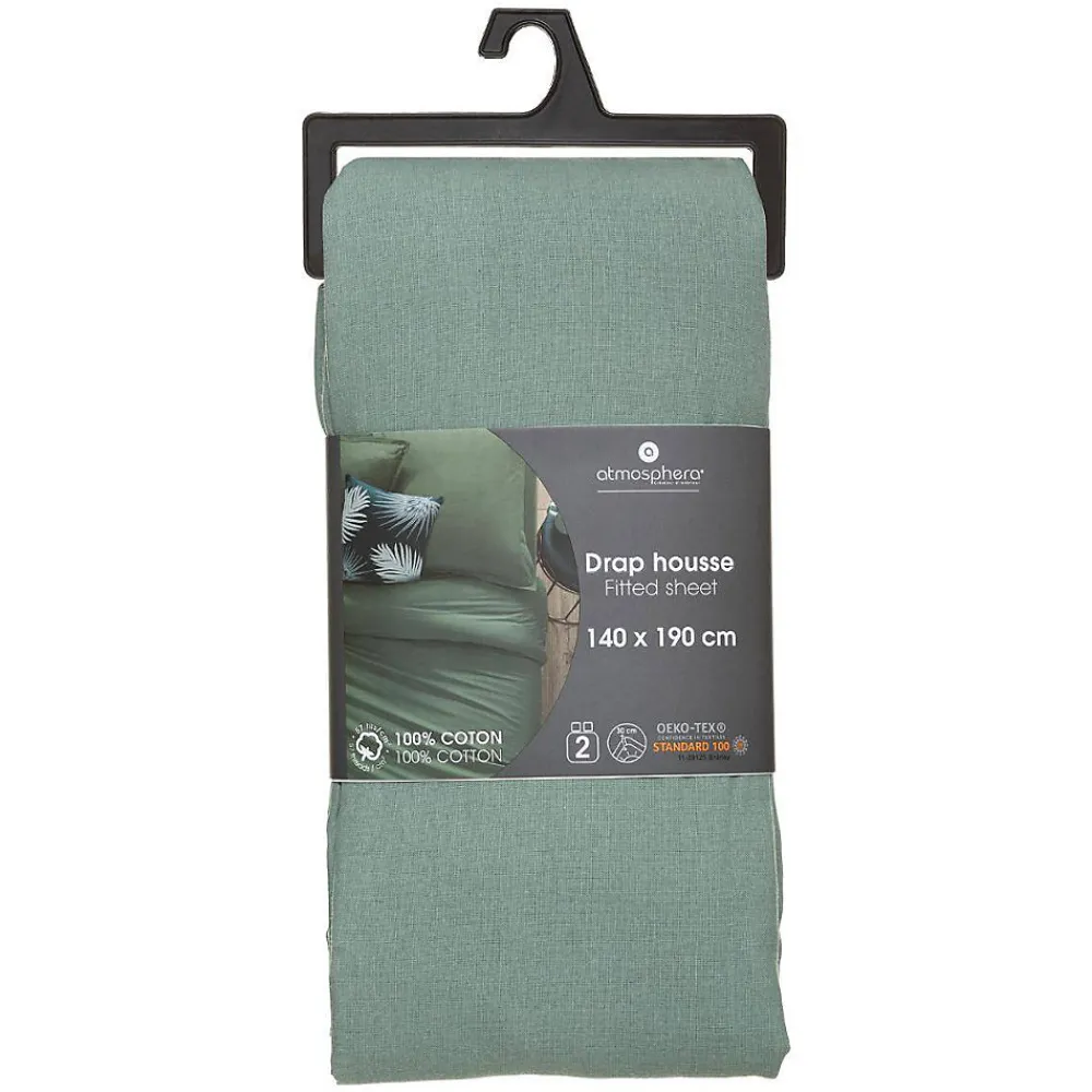 Drap-housse en coton - vert céladon - bonnet H30cm - 140x190 cm - Atmosphera>Atmosphera Créateur D'Intérieur Clearance