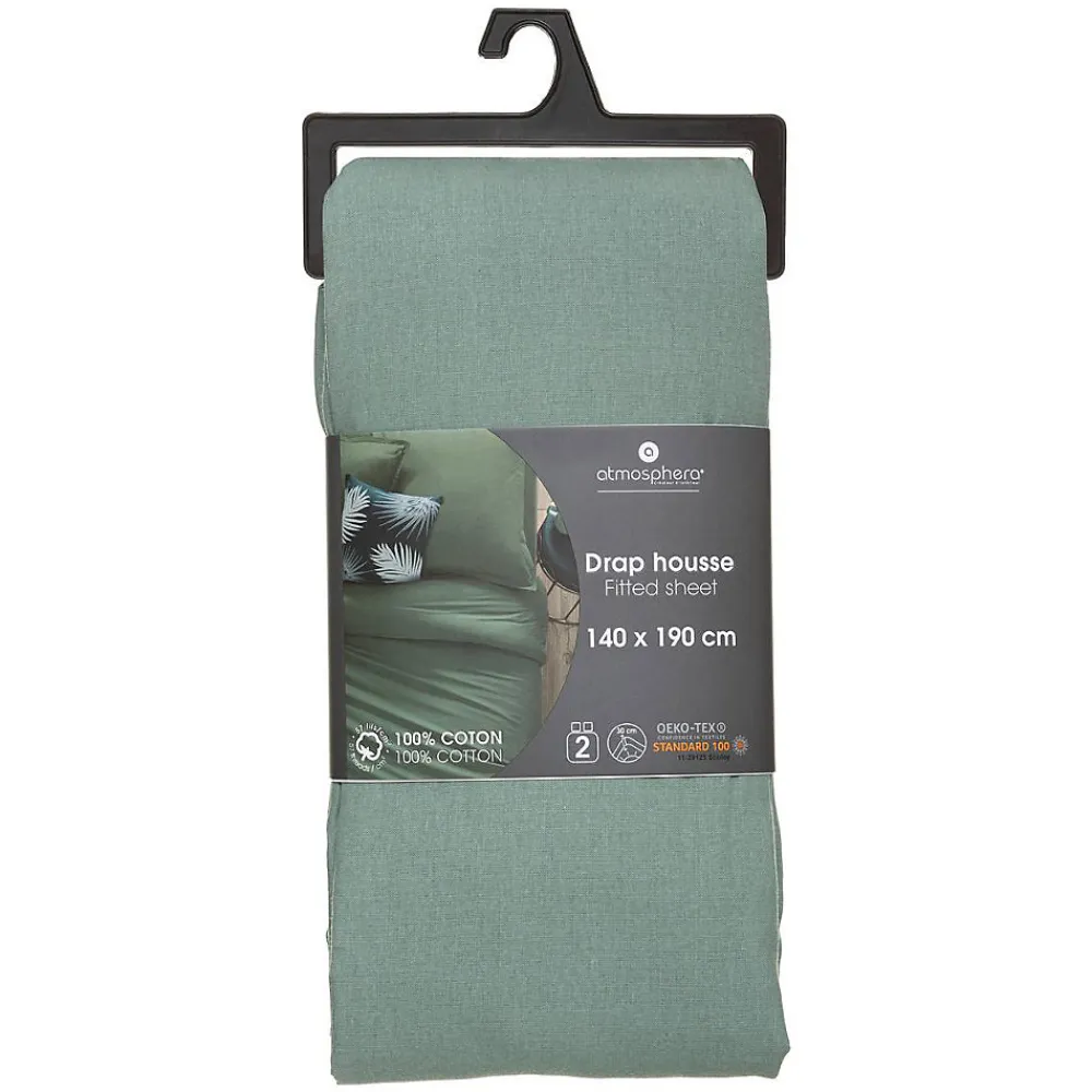 Drap-housse en coton - vert céladon - bonnet H30cm - 140x190 cm - Atmosphera>Atmosphera Créateur D'Intérieur Clearance
