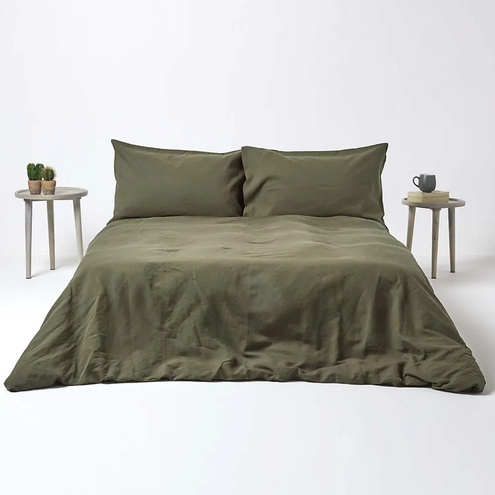 Drap-housse grand bonnet en lin lavé vert - 90 x 190 cm ->Homescapes Clearance