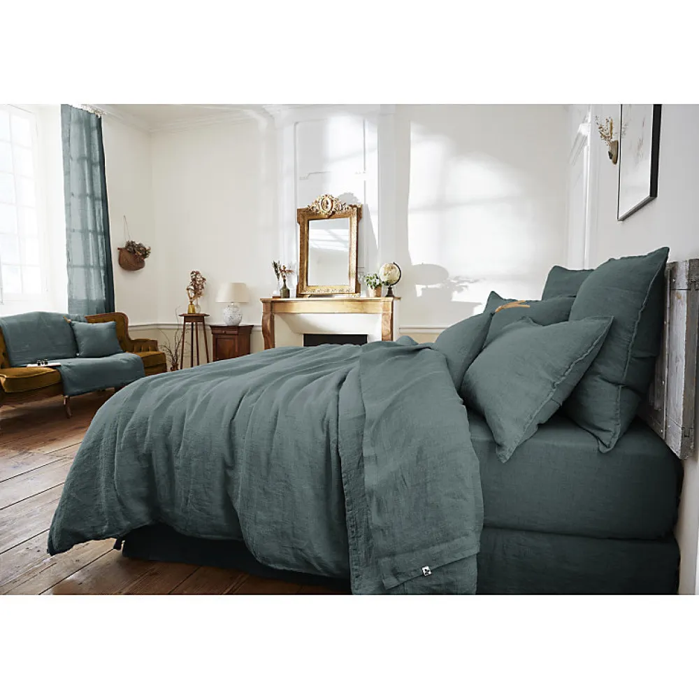 Meubletmoi Édredon 150 x 150 cm lin lavé bleu avec 4 nouettes en jute - LUISA* Boutis, Couvre-Lit, Édredon