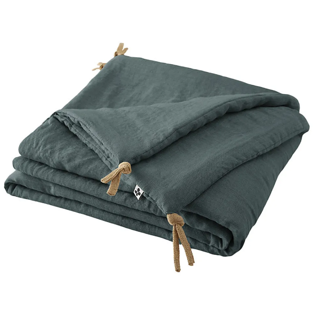 Meubletmoi Édredon 150 x 150 cm lin lavé bleu avec 4 nouettes en jute - LUISA* Boutis, Couvre-Lit, Édredon