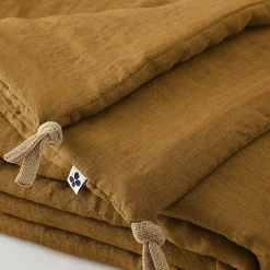 Meubletmoi Édredon 150 x 150 cm lin lavé caramel avec 4 nouettes en jute - LUISA* Boutis, Couvre-Lit, Édredon