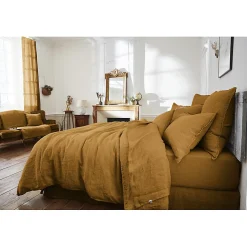 Meubletmoi Édredon 150 x 150 cm lin lavé caramel avec 4 nouettes en jute - LUISA* Boutis, Couvre-Lit, Édredon