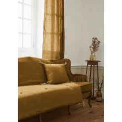 Meubletmoi Édredon 150 x 150 cm lin lavé caramel avec 4 nouettes en jute - LUISA* Boutis, Couvre-Lit, Édredon