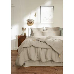 Édredon 150 x 150 cm lin lavé sable avec 4 nouettes en jute - LUISA><noscript><img width=