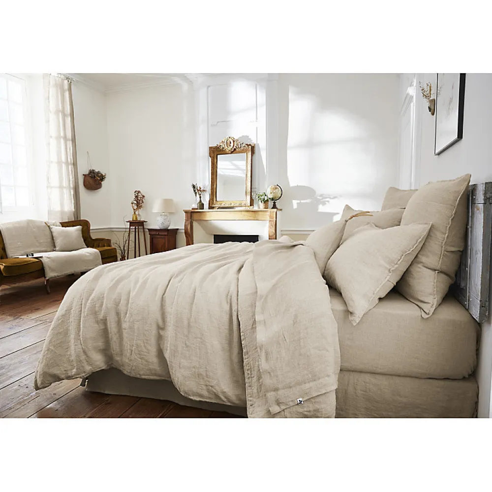 Édredon 150 x 150 cm lin lavé sable avec 4 nouettes en jute - LUISA>Meubletmoi Best