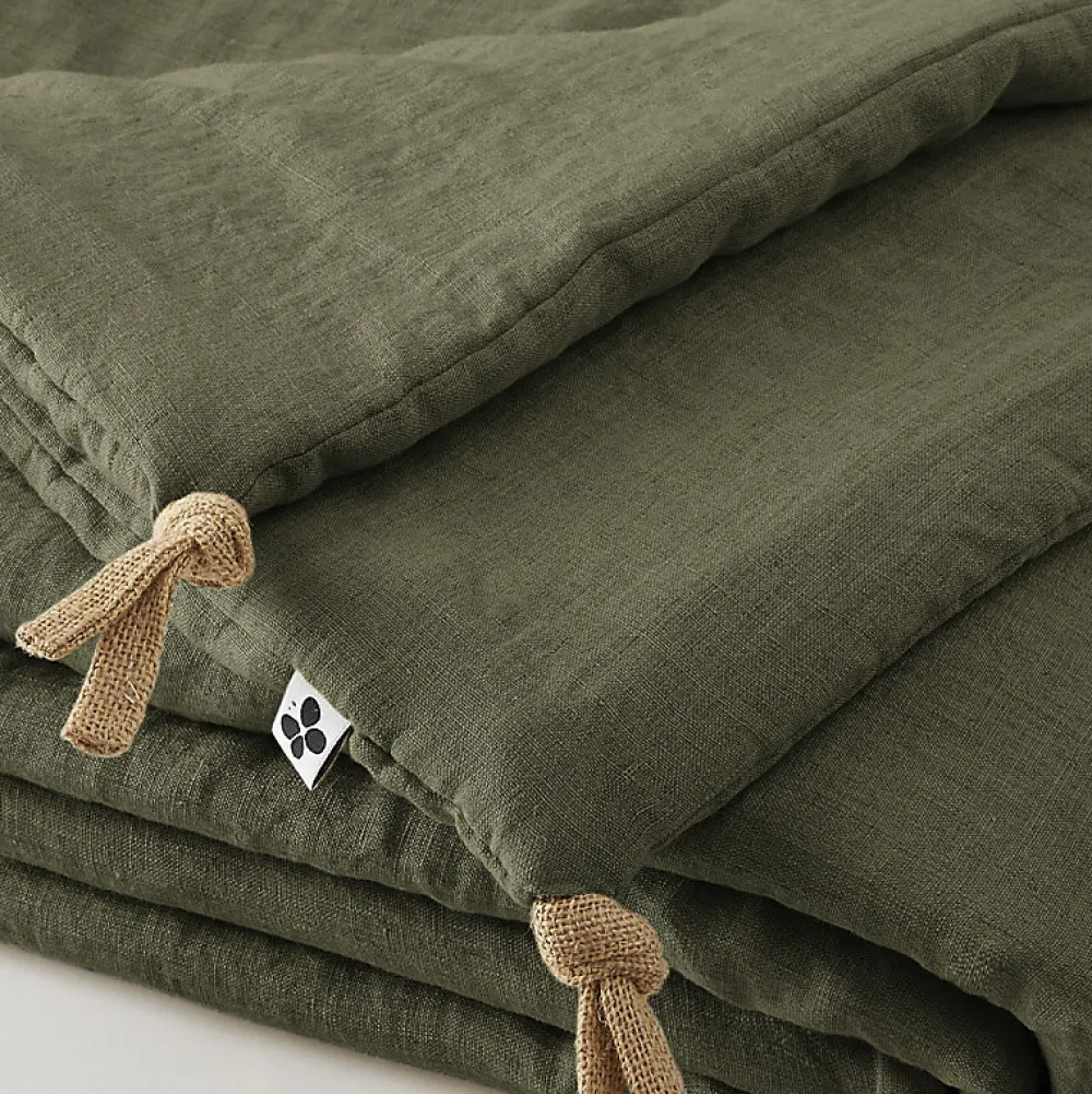 Édredon 90 x 200 cm lin lavé vert avec 4 nouettes en jute - LUISA>Meubletmoi Discount