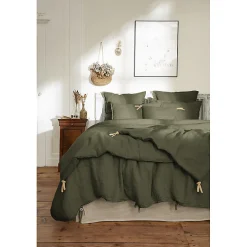 Édredon 90 x 200 cm lin lavé vert avec 4 nouettes en jute - LUISA><noscript><img width=