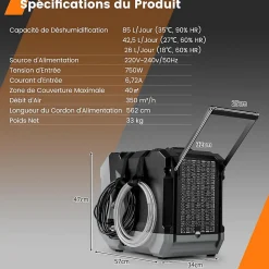 Déshumidificateur 85 L jour Déshumidificateur Mobile avec Dégivrage Automatique Minuterie 24H Tuyau de drainage Pompe Noir><noscript><img width=