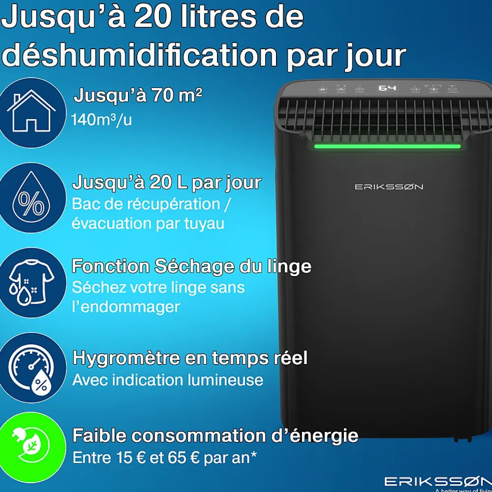 Déshumidificateur 20 litres adapté pour chambre salon cave Dehumidifier>Eriksson Clearance
