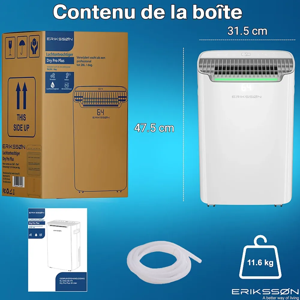 Eriksson Déshumidificateur 20 litres adapté pour chambre salon cave Dehumidifier* Déshumidificateur D'Air