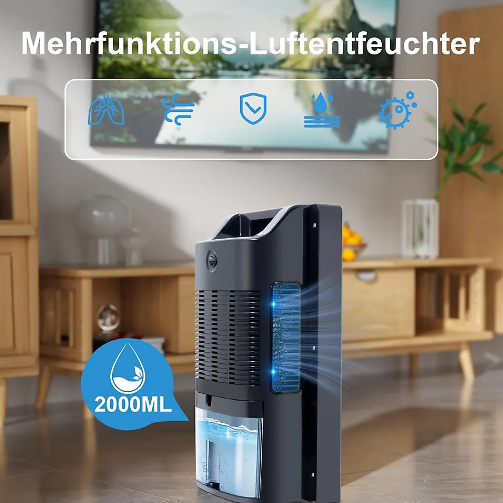 Déshumidificateur 2000 ml avec télécommande, minuterie 24 h, nettoyage UV et mode veille (noir)>Nettlife Clearance