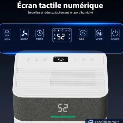 Déshumidificateur d'air 20L/jour mobile silencieux réservoir 4,5L timer 24H écran LED témoin d'humidité filtre lavable><noscript><img width=