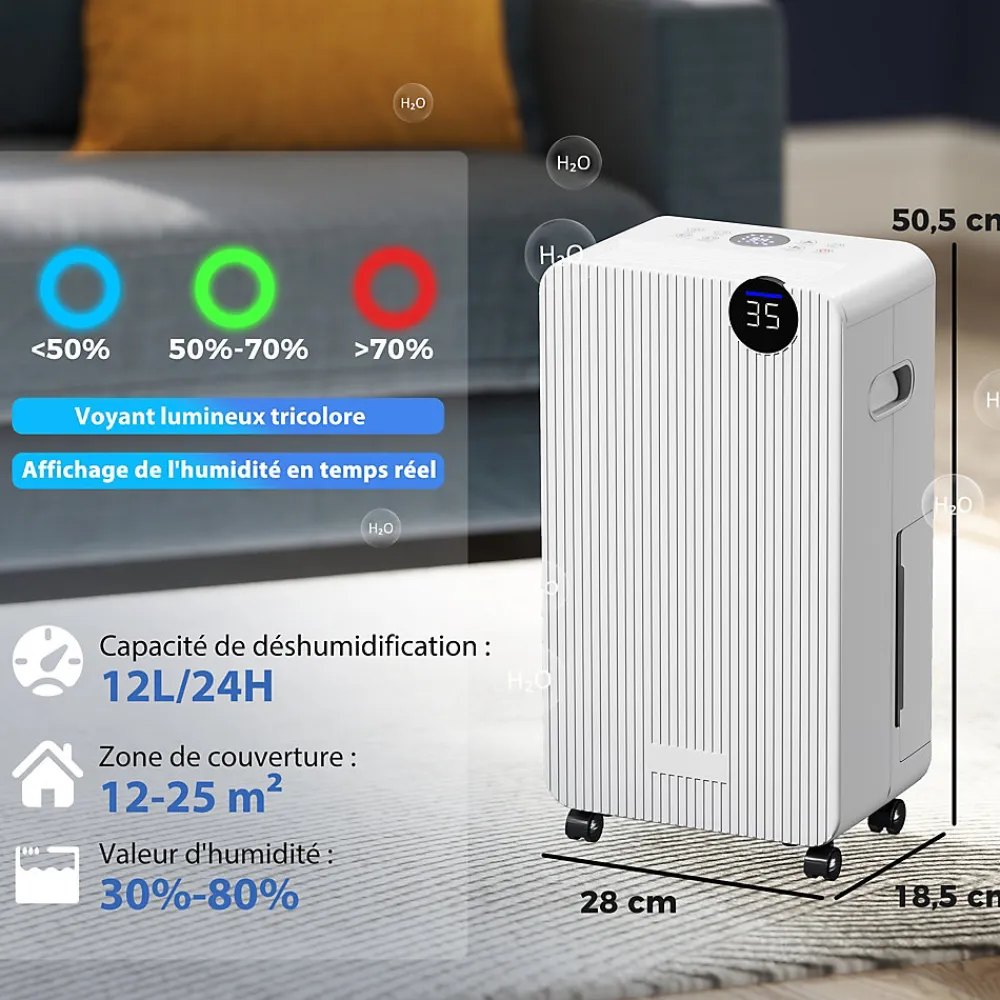 Déshumidificateur d'air 12L/jour mobile silencieux réservoir 2,1L timer 24H écran LED témoin d'humidité filtre lavable>Homcom Best