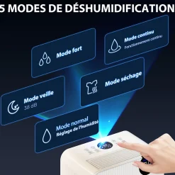 Déshumidificateur d'air 12L/jour mobile silencieux réservoir 2,1L timer 24H écran LED témoin d'humidité filtre lavable><noscript><img width=