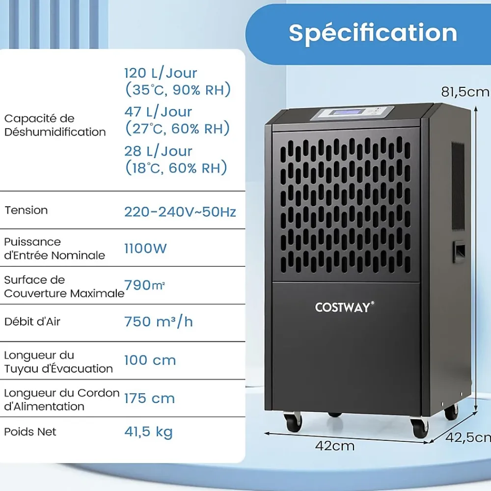 Giantex Déshumidificateur Industriel1300W,118L/Jour, Contrôle Humidité,avec 4 Roues,Minuterie 0-24H,pour Entrepôts et Caves 790 m² (Noir)* Déshumidificateur D'Air