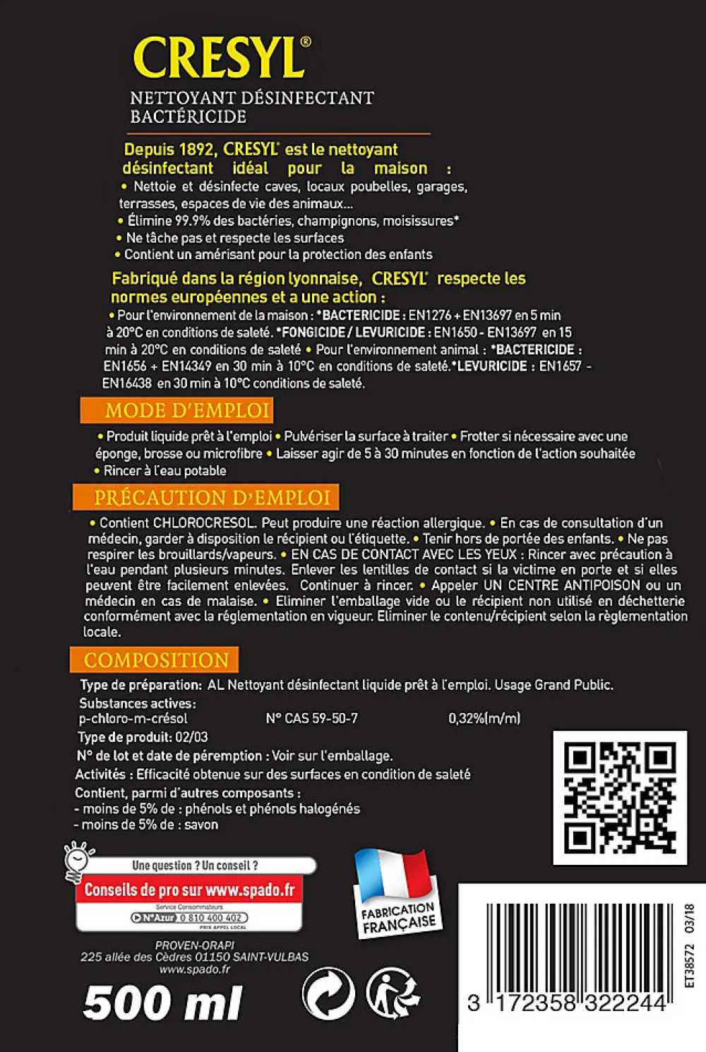 Désinfectant bactéricide fongicide Cresyl 500ml>Spado Best