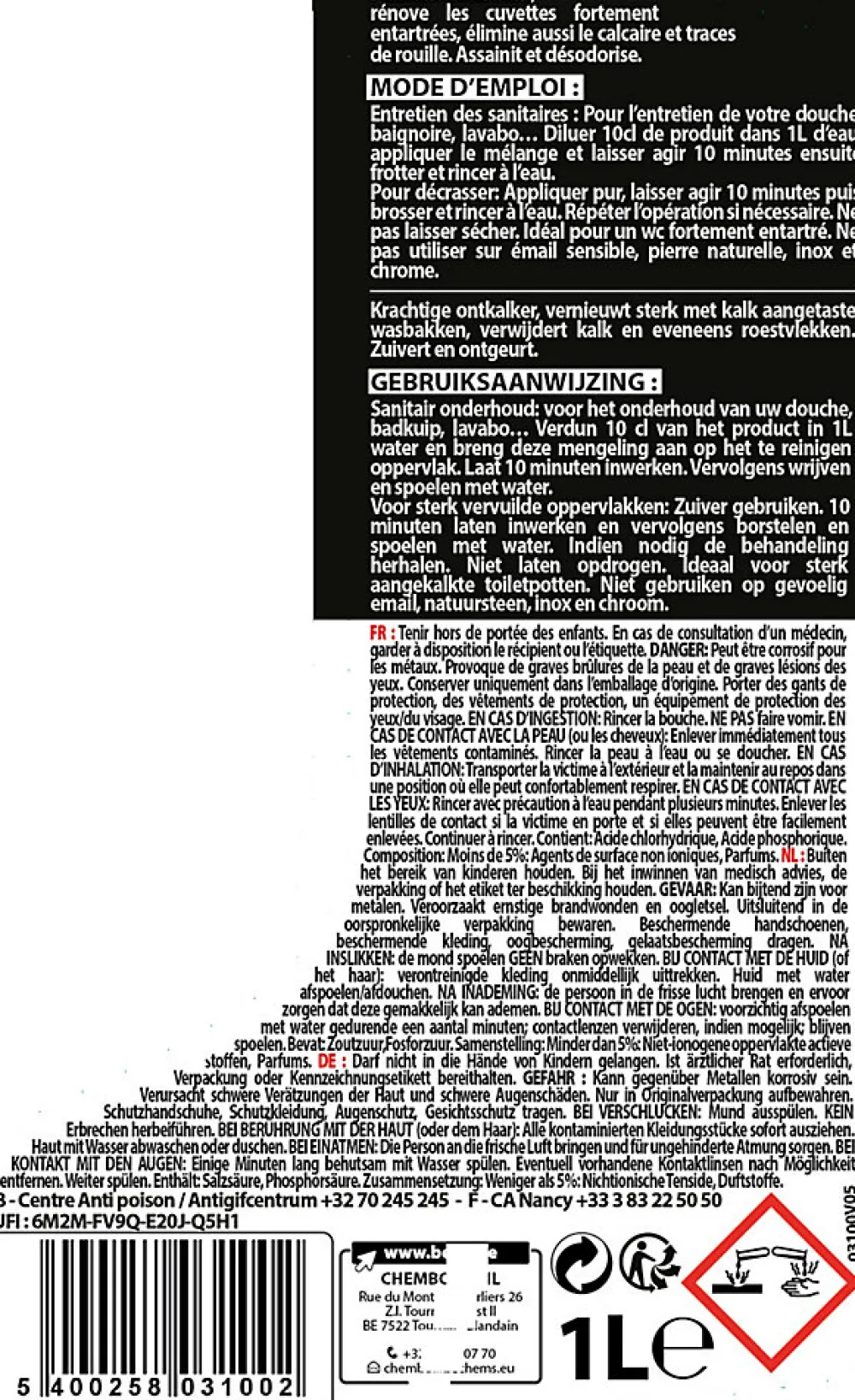 Détartrant industriel concentré SANI 1l>FULGURANT SANITAIRE Clearance