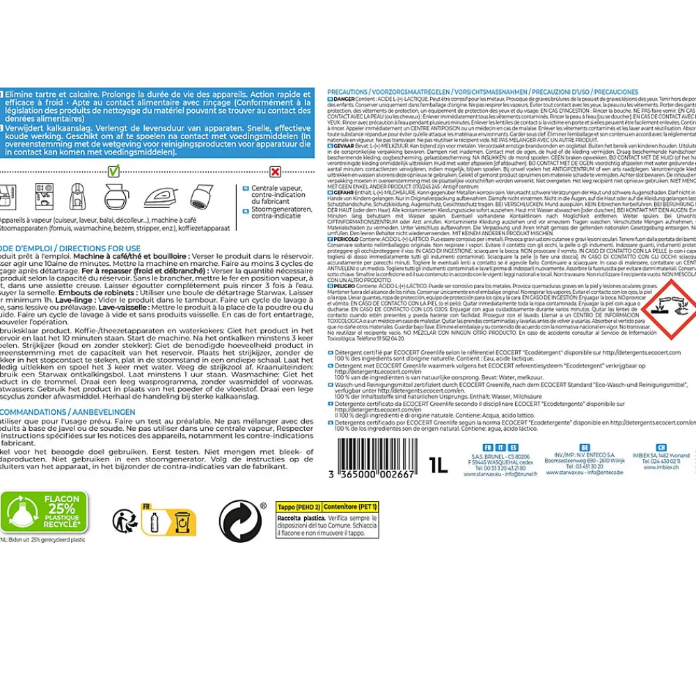 Détartrant électroménager Ecocert 1L>Starwax Outlet