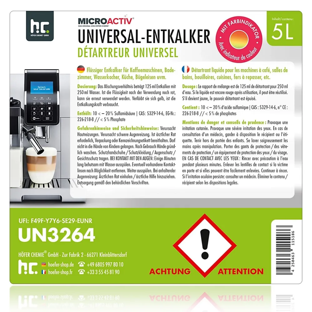 Höfer Chemie Détartrant Universel Microactiv Avec Indicateur De Couleur Pour Machines À Café Entièrement Automatiques En Bidon De 2 x 5 L* Nettoyant Pour Cuisine
