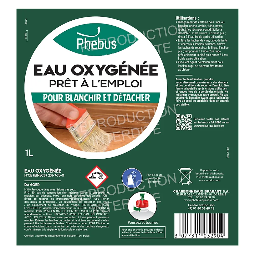 Phebus Eau oxygénée prêt à l'emploi 1L 12%* Eau Oxygénée|Entretien Du Textile