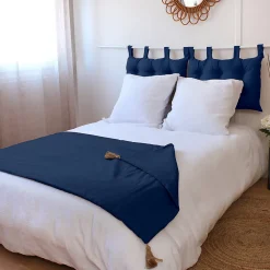 Edredon Panama avec pompons en jute (90x190 cm - Bleu Marine)><noscript><img width=