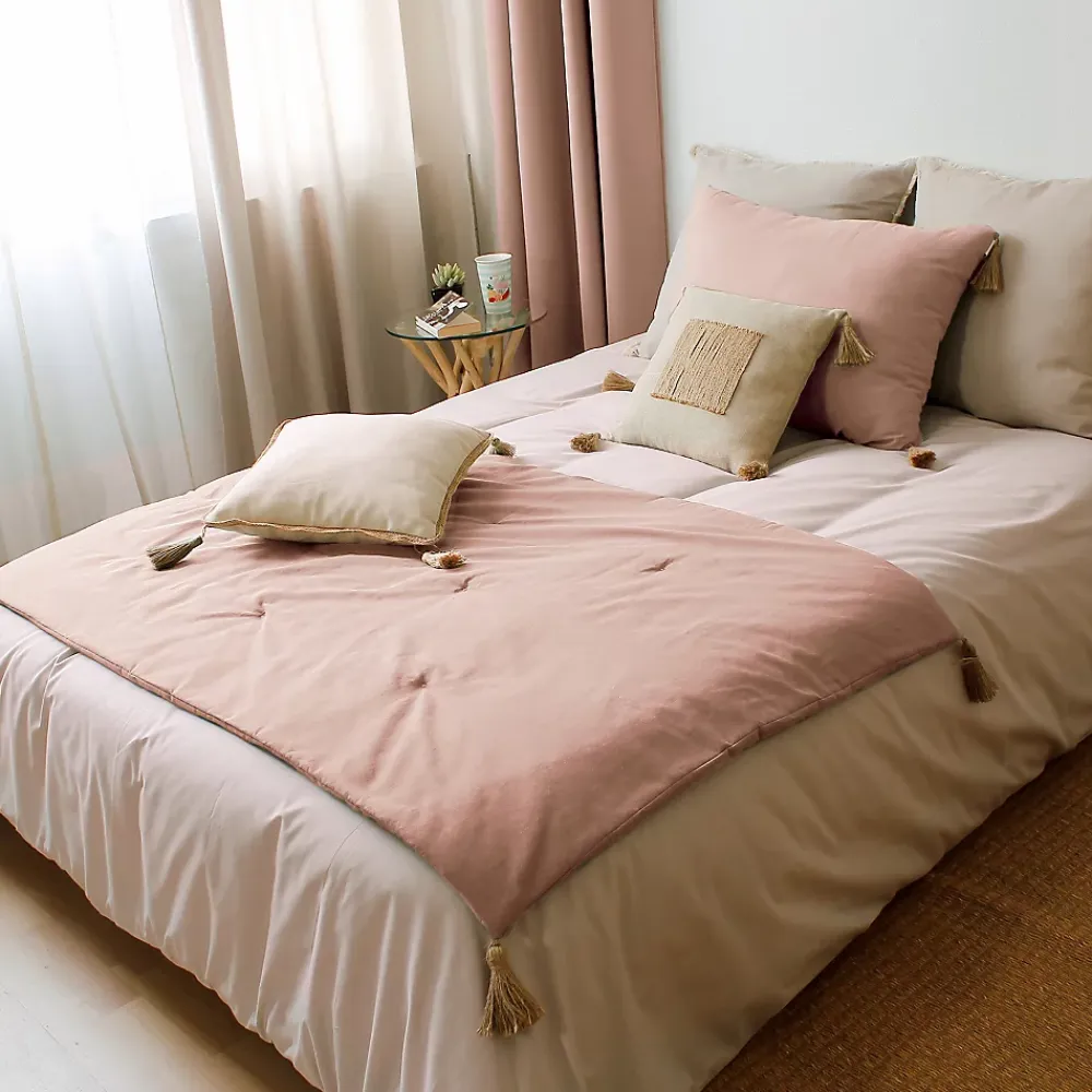 Enjoy Home Edredon Panama avec pompons en jute (90x190 cm - Vieux rose)* Boutis, Couvre-Lit, Édredon