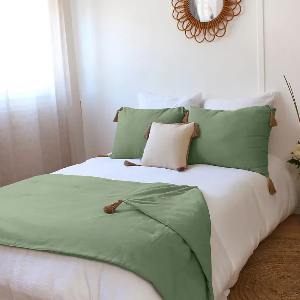 Enjoy Home Edredon Panama avec pompons en jute (90x190 cm - Vert)* Boutis, Couvre-Lit, Édredon
