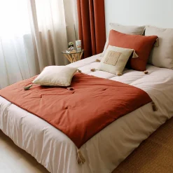 Edredon Panama avec pompons en jute (90x190 cm - Brique)><noscript><img width=