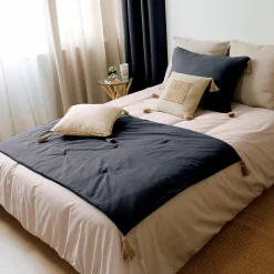 Edredon Panama avec pompons en jute (90x190 cm - Gris Foncé)><noscript><img width=