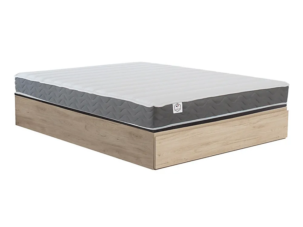 Ensemble 160 x 200 cm sommier coffre avec tiroir naturel clair + matelas mousse HD mémoire de forme et tissu 3D respirant ép.18cm>Vente-unique Best