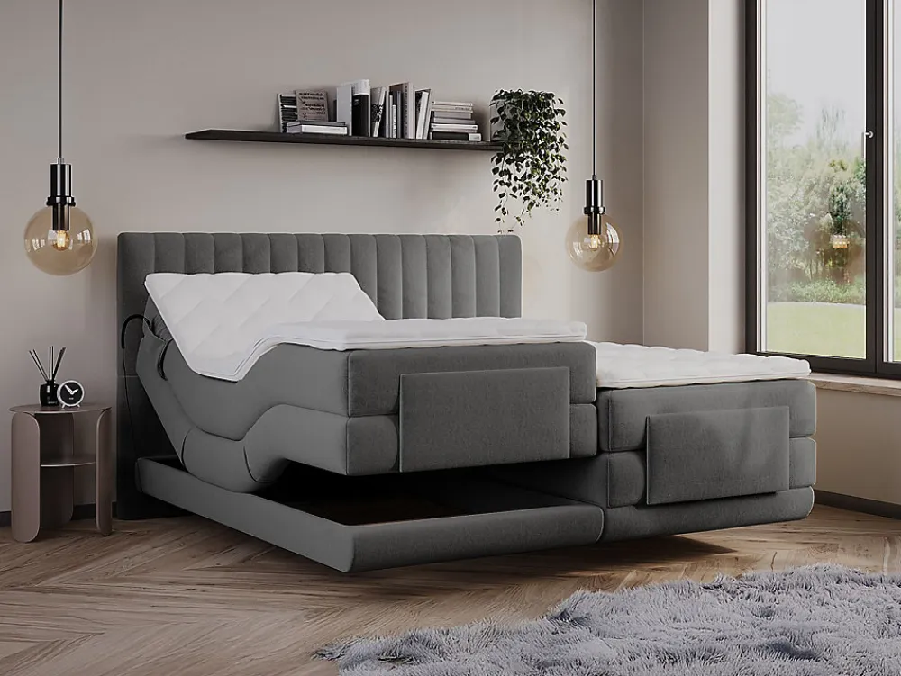 Ensemble complet boxspring tête de lit coutures verticales + sommiers relaxation électrique + matelas + surmatelas - 2 x 80 x 200>Vente-unique Clearance