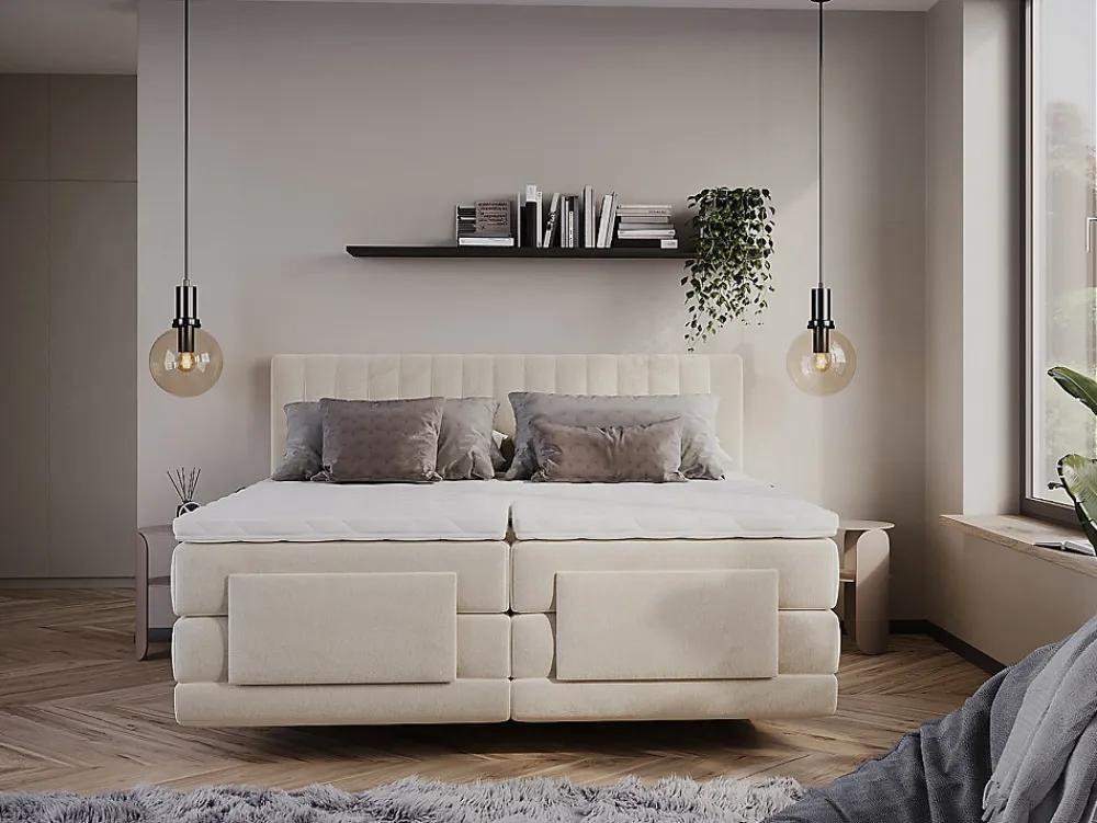 Vente-unique Ensemble complet boxspring tête de lit coutures verticales + sommiers relaxation électrique + matelas + surmatelas - 2 x 90 x 200* Lit Double
