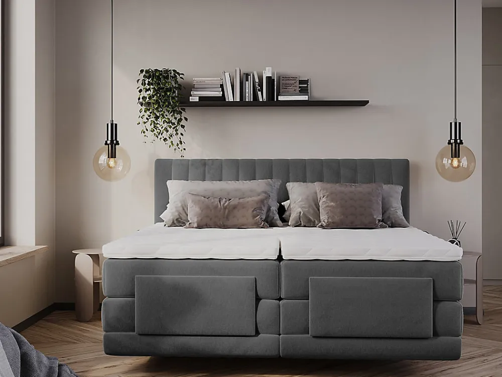 Ensemble complet boxspring tête de lit coutures verticales + sommiers relaxation électrique + matelas + surmatelas - 2 x 90 x 200>Vente-unique Online