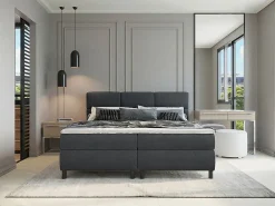 Ensemble complet boxspring tête de lit capitonnée + sommiers + matelas + surmatelas - 2 x 90 x 200 cm - Tissu - Anthracite - LODI>Vente-unique Clearance
